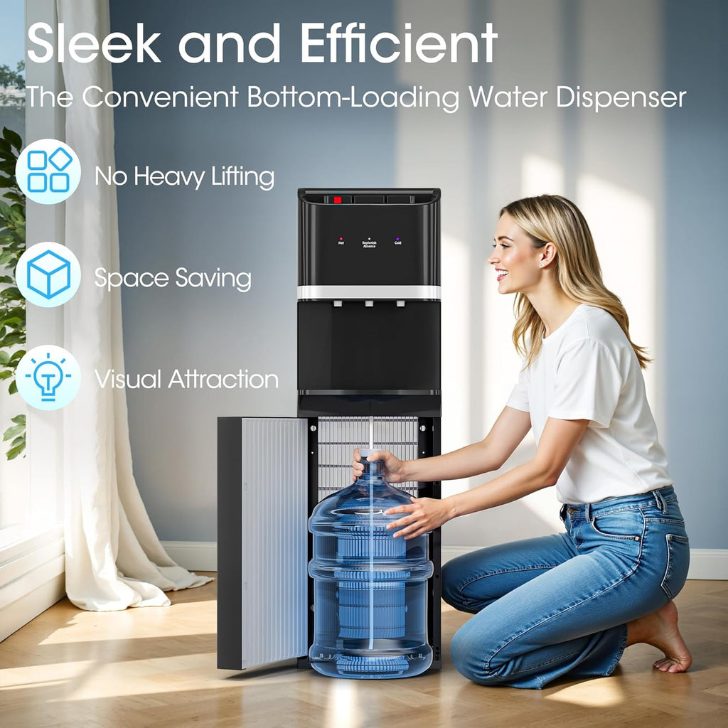 Manastin Bottom Loading Water Cooler Dispenser for 5 Gallon Bottles, Stainless Steel Water Cooler with 3 Temperature Settings - Hot, Cold & Room Water, Ideal Design for Home & Office, Sleek Black