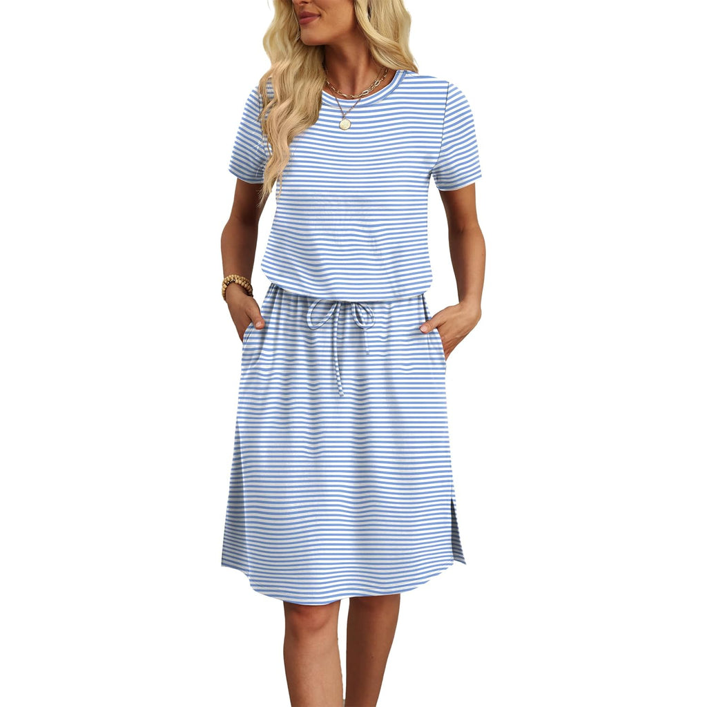 Ofeefan Womens Summer Dresses Fashion Short Sleeve Crew Neck T Shirt Sundresses Casual Tie Waist With Pockets