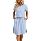 Ofeefan Womens Summer Dresses Fashion Short Sleeve Crew Neck T Shirt Sundresses Casual Tie Waist With Pockets