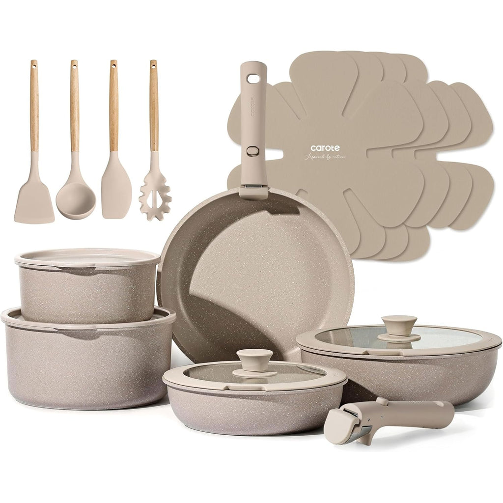 CAROTE 19pcs Pots and Pans Set Non Stick, Nonstick Cookware Set Detachable Handle, Induction Kitchen Cooking Sets with Removable Handle, RV Kitchen, Oven Safe, Taupe