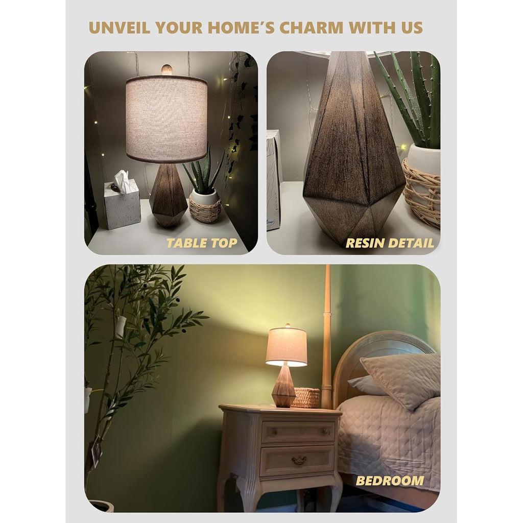 Pokat 20.25" Retro Farmhouse Table Lamp Set Of 2, Small For Bedside, Brown | Rustic Bedroom Lamps For Nightstand, Natural Resin, Compact Design, Rustic Home Decor For End Table And Hallway
