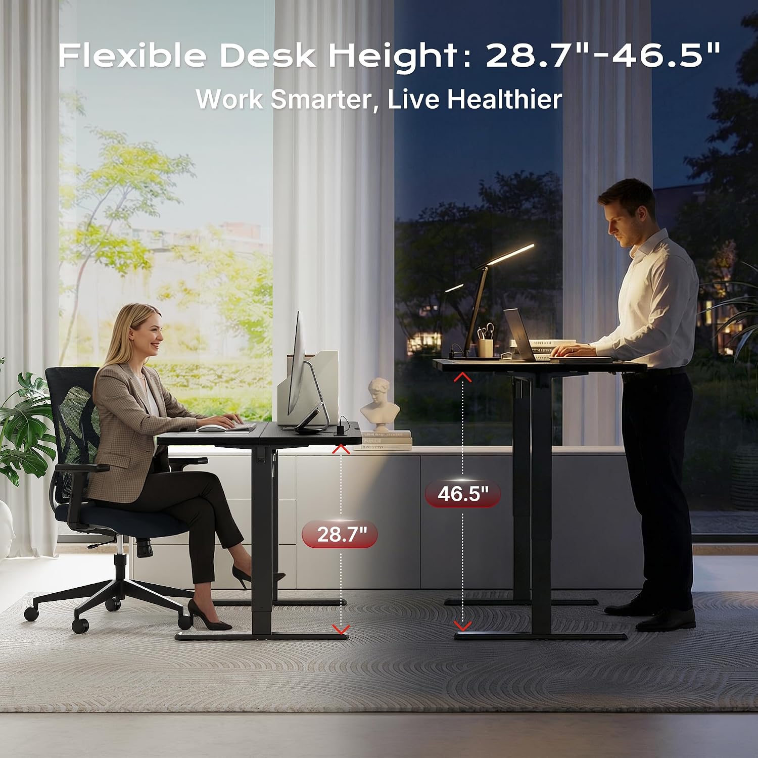 Huuger Electric Standing Desk With Power Outlets And Usb-C Port, 47 X 24 Inch Height Adjustable Desk, Sit Stand Desk For Home Office, Computer & Gaming Desk With 4 Presets, Stable Steel Frame, Black