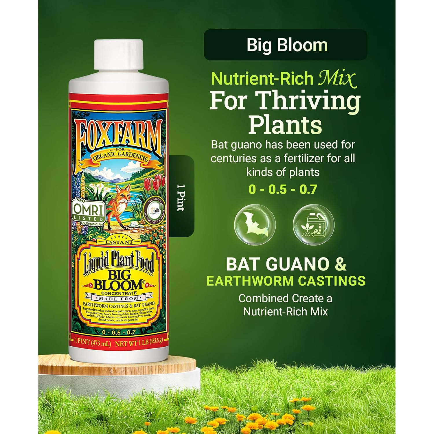 Fox Farm Big Bloom Liquid Plant Food - Organic Bloom Fertilizer For Flowering & Fruiting Plants, Contains Earthworm Castings & Bat Guano - Supports All Stages Of Plant Growth - 0-0.5-0.7 Npk, 1 Pint