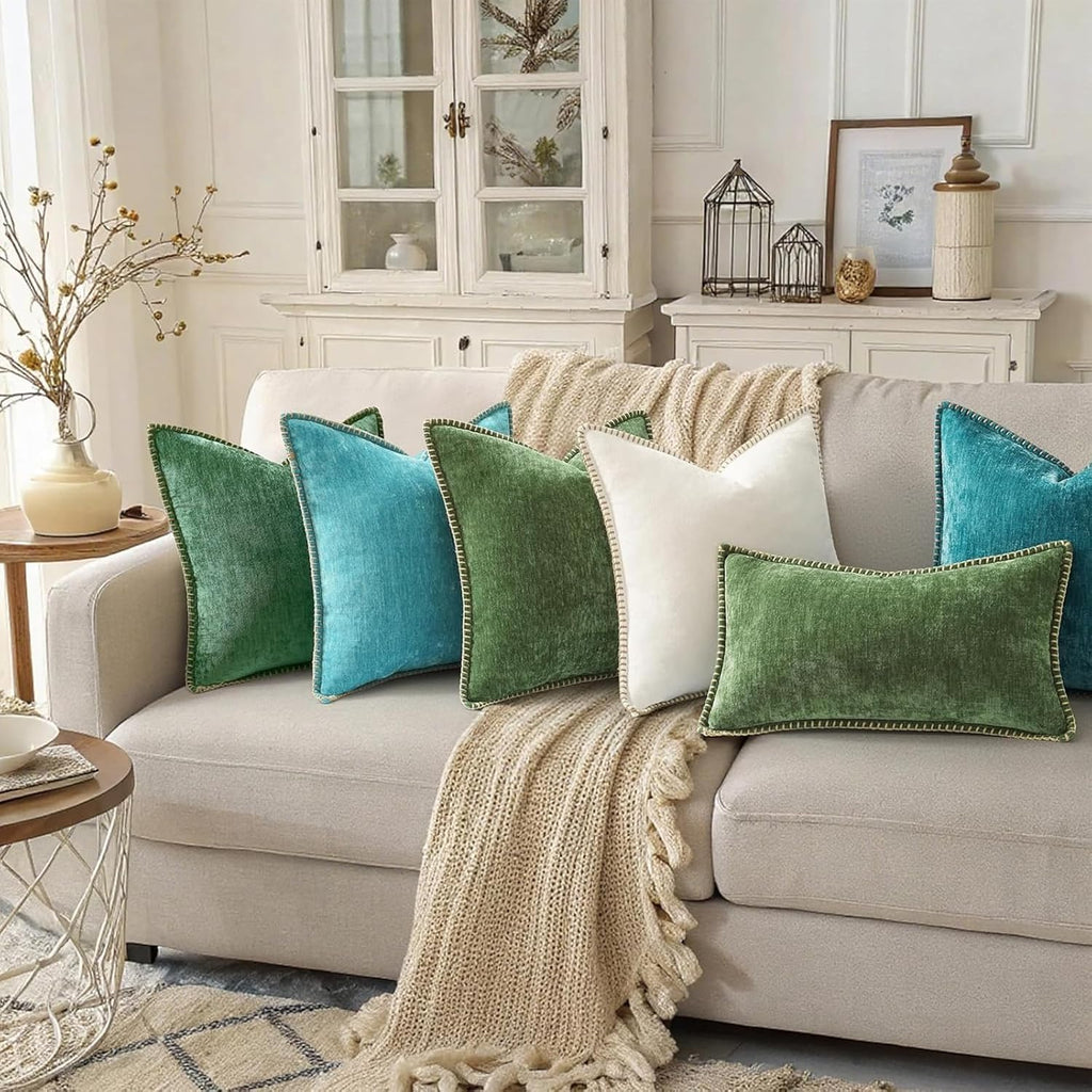 Decoruhome Fall Chenille Soft Cozy Throw Pillow Covers 12X20 Set Of 2, Modern Farmhouse Boho Velvet Decorative Pillow Cases With Stitched Edge For Couch Sofa Bed Home Decor, Forest Green