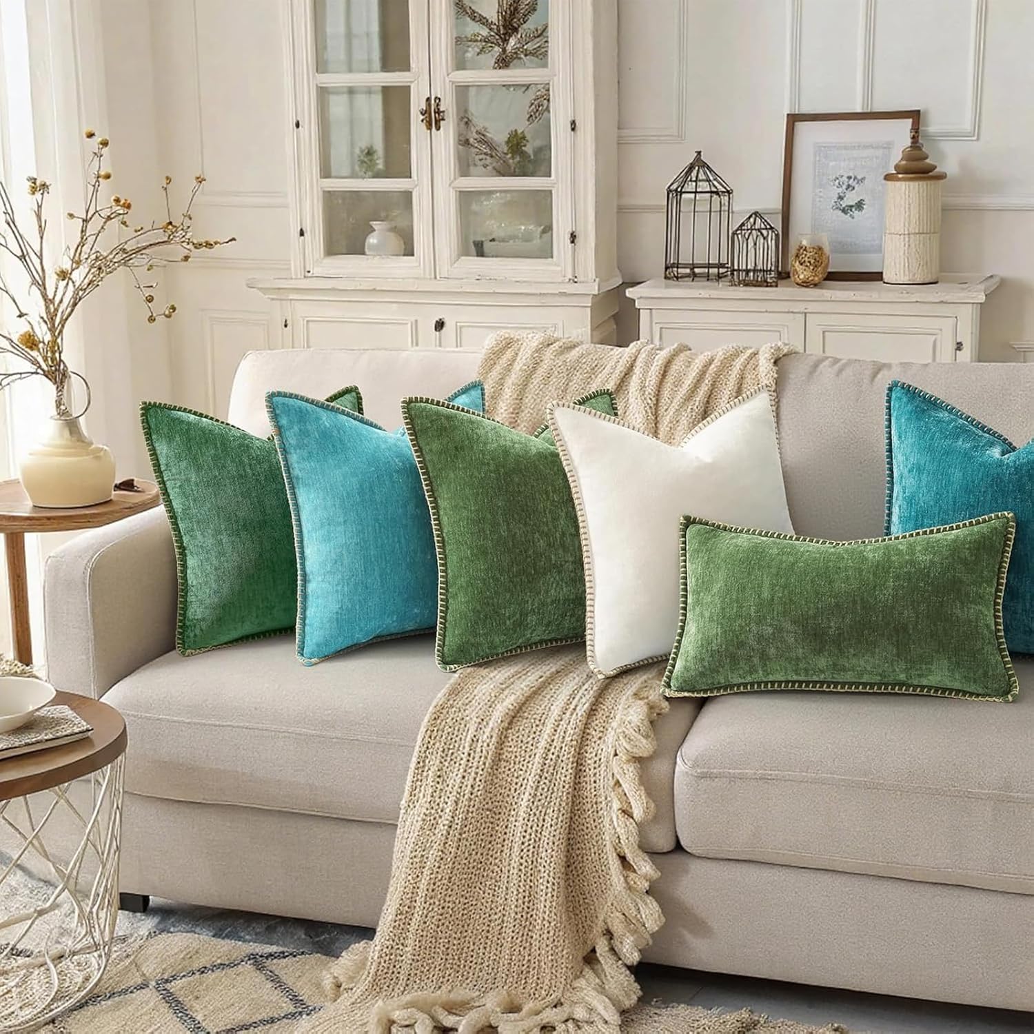Decoruhome Fall Chenille Soft Cozy Throw Pillow Covers 12X20 Set Of 2, Modern Farmhouse Boho Velvet Decorative Pillow Cases With Stitched Edge For Couch Sofa Bed Home Decor, Forest Green