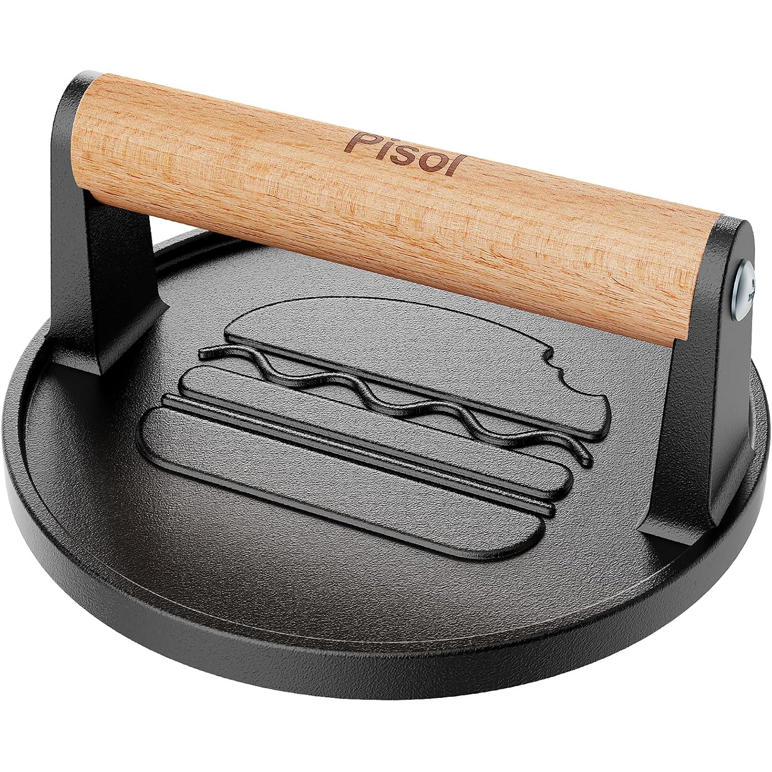 Smash Burger Press, Pre-Seasoned Cast Iron Hamburger Smasher, 2 Lb Heavy-Duty Grill Bacon Meat Press Tool With Wood Handle, 6.6”