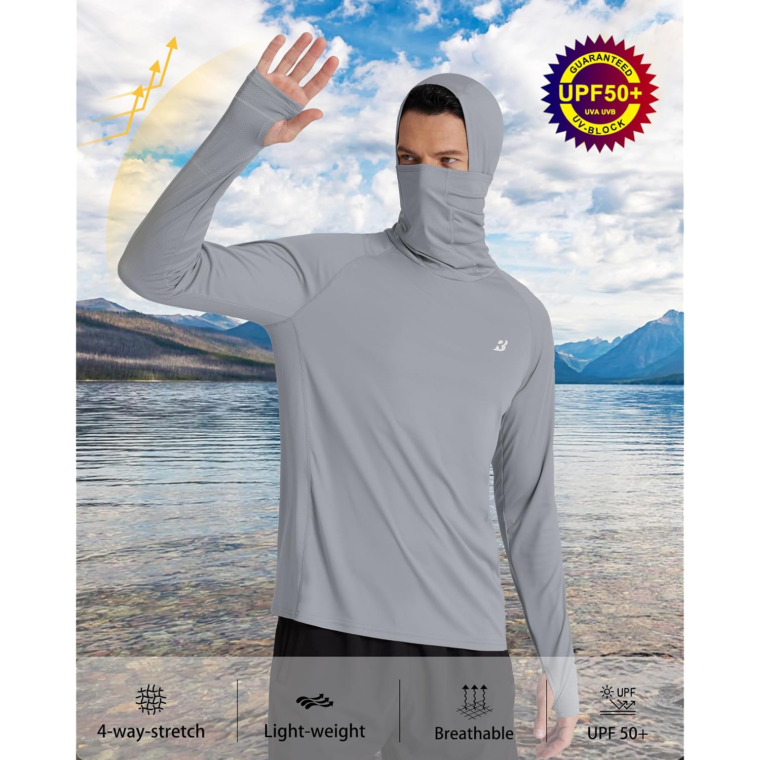 Roadbox Upf 50+ Men'S Hooded Fishing Shirts, Long Sleeve Uv Sun Protection Hoodie Hiking Running Swim Rash Guard With Mask