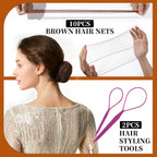 Teenitor Brown Bobby Pins Hair Pins Hair Net Kit, 11 Styles Bobby Pins For Women U Shaped Hair Pins, Hair Nets For Buns Spiral Pins, Hair Ties Hair Styling Tools For Women Girls Dance Ballet Brown