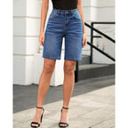 Bermuda Shorts for Women High Waisted Classic Casual Long Jean Shorts Stretchy Denim Jorts with Pockets