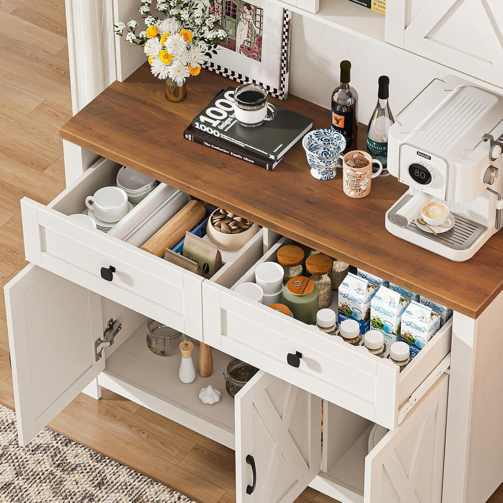 67.7 Inch Farmhouse Pantry Storage Cabinet With Sliding Barn Doors, 2 Drawer Farmhouse Coffee Cabinet With Adjustable Shelf, Side Board With Buffet Cupboard For Livingroom Kitchen, White