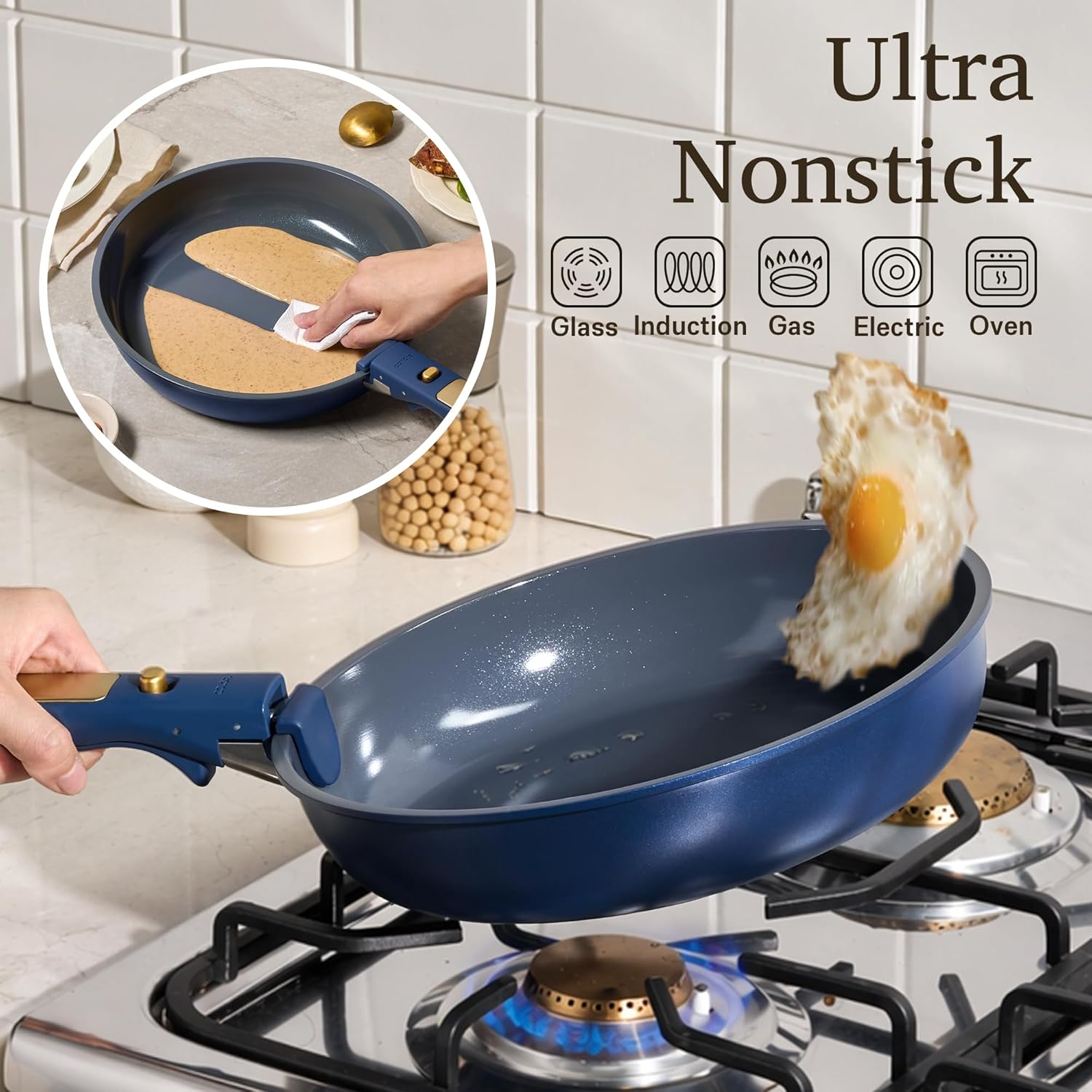 CAROTE Blue&Gold Ceramic Cookware Set Non Toxic, PFAS Free,15Pcs Pots and Pans Set Non Stick Detachable/Removable Handle,Kitchen Cooking Set Dishwasher Safe, Nonstick Pot and Pan, Induction Cookware