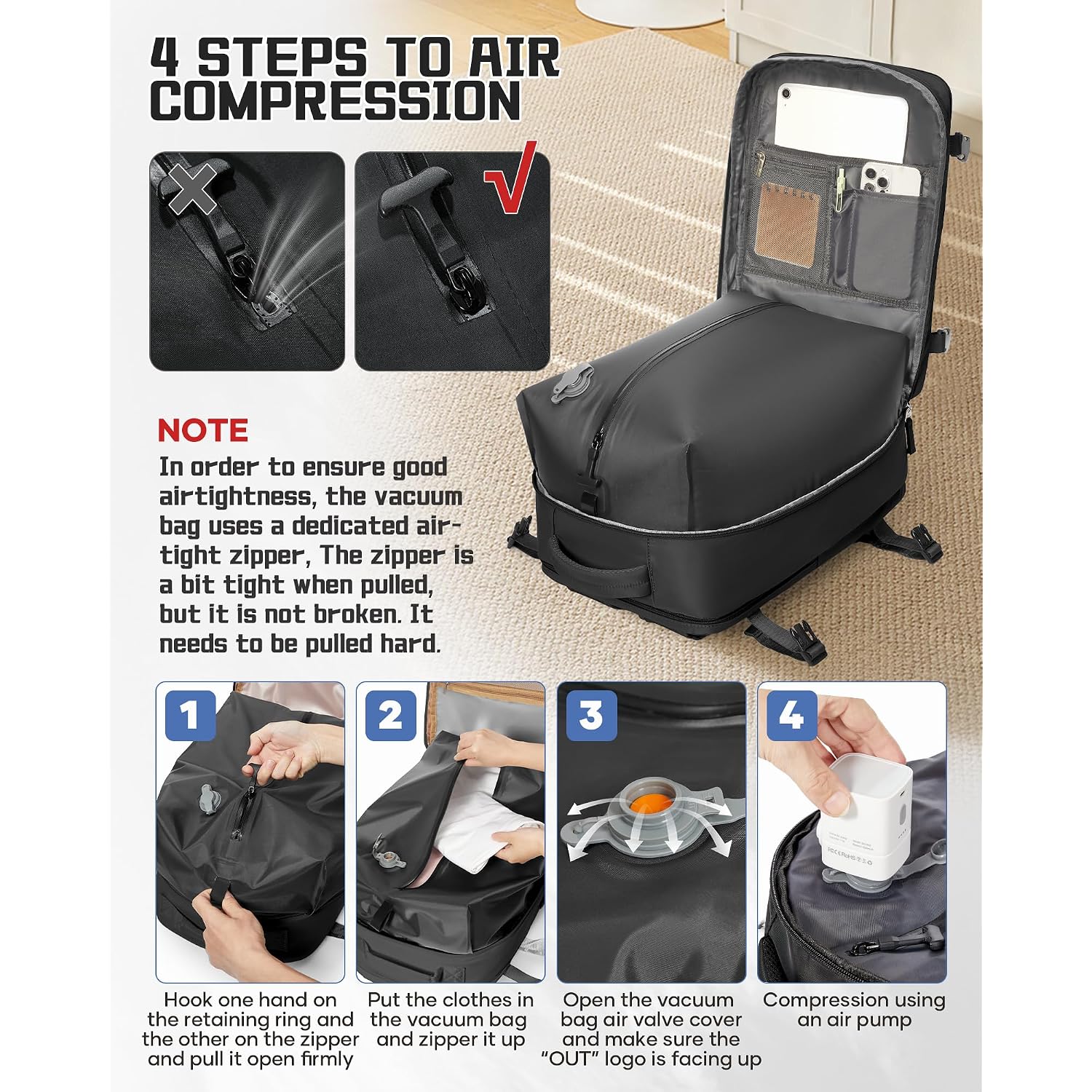 Wonhox Vacuum Seal Backpack For Travel With Air Pump Compression Vacpack Carry On Flight Approved Daypack Laptop Space Saver Bags Storage With Vacuum System 18X14X8 Inches Travel Bag Women Men Black