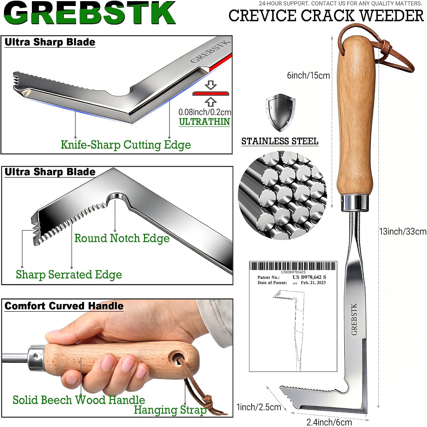 Crack Weeder Crevice Weeding Stainless Steel Sharp Lightweight Tool | Razor-Sharp Rust-Resistant L-Shaped Blade, Solid Beech Wood Non-Slip Handle, For Patio Cracks, Driveway Gaps, Walkway Edging