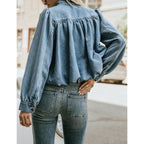 Women'S Denim Jacket With Puff Sleeves Button Down Jean Top Outfit Casual Vintage Shacket For Women