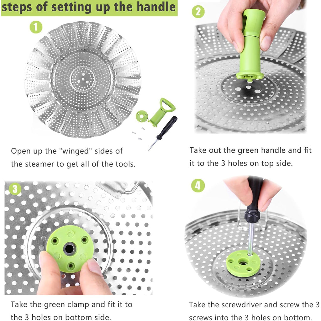 Consevisen Vegetable Steamer Basket for Cooking Food, Stainless Steel Veggie Steam Basket for Pot, Folding Expandable Steaming Insert with Extendable Handle Fits Various Size Pot, 5.1" to 9"