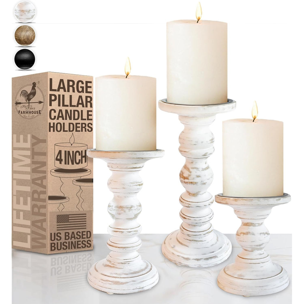 Large Candle Holders for Pillar Candles (3 Piece Set) Tall Rustic Wood Farmhouse Pillar Candlestick Stands - Fits 4 inch inch Wide Pillar Candles - Modern Candle Holder Decor (Antique White)