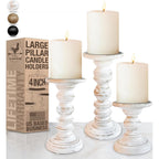 Large Candle Holders for Pillar Candles (3 Piece Set) Tall Rustic Wood Farmhouse Pillar Candlestick Stands - Fits 4 inch inch Wide Pillar Candles - Modern Candle Holder Decor (Antique White)