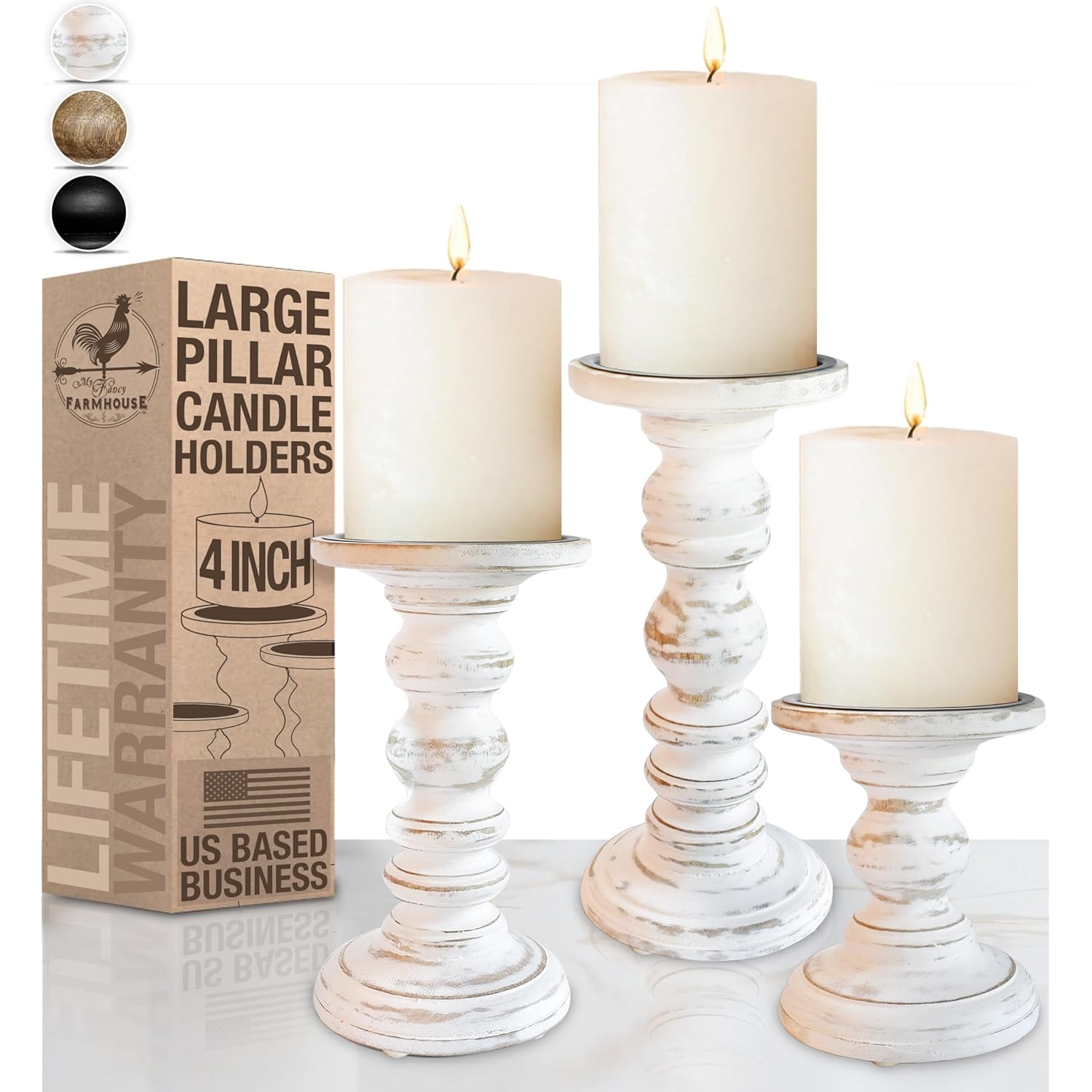 Large Candle Holders for Pillar Candles (3 Piece Set) Tall Rustic Wood Farmhouse Pillar Candlestick Stands - Fits 4 inch inch Wide Pillar Candles - Modern Candle Holder Decor (Antique White)