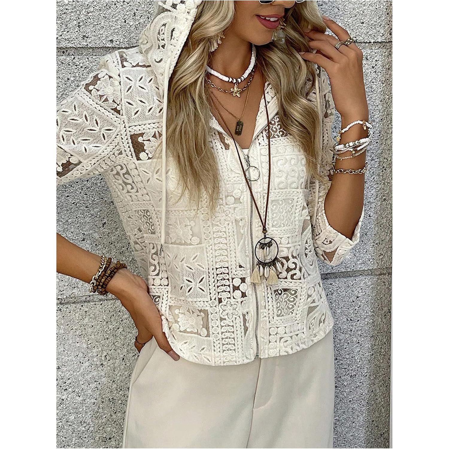Gorglitter Women'S Lace Cardigan Jacket Zip Up Crochet Sheer Vacation Cruise Going Out Long Sleeve Hooded Tops