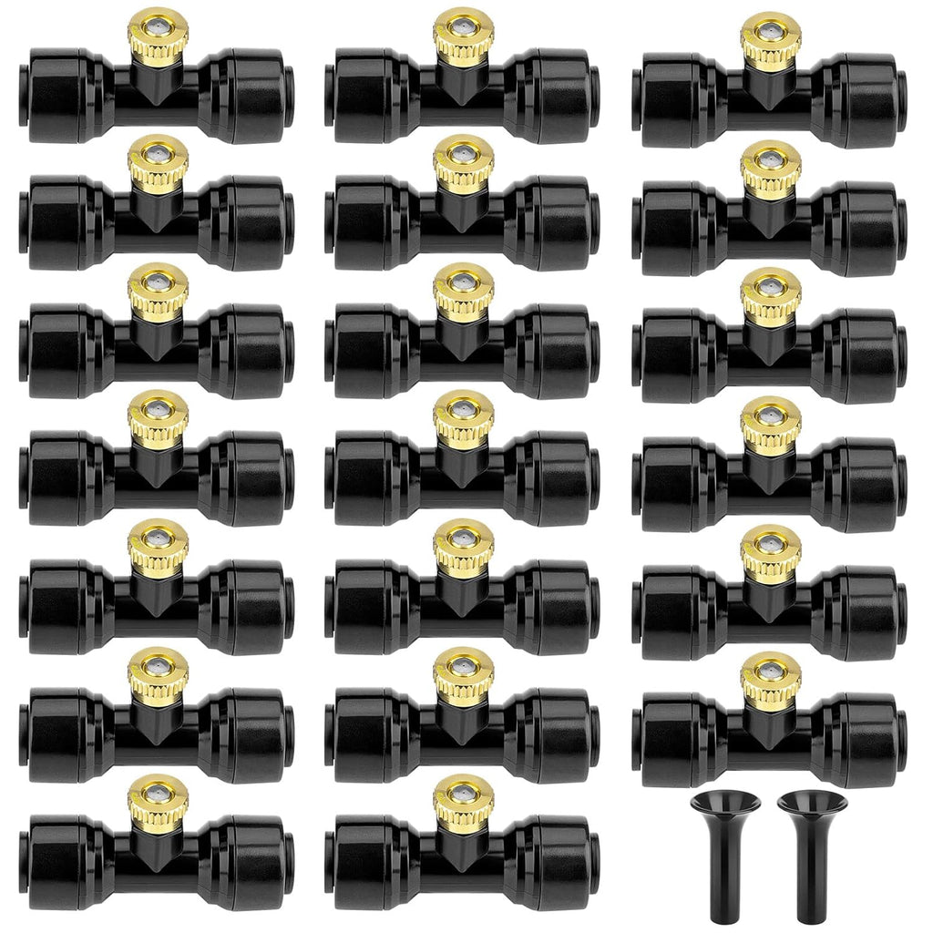 Brass Mister Nozzles 20 Pack With Misting Nozzle Tees & End Plugs | 20 Pack Misting Nozzle Tees, 2 Pack End Plugs, Outdoor Cooling System, Patio Misting System