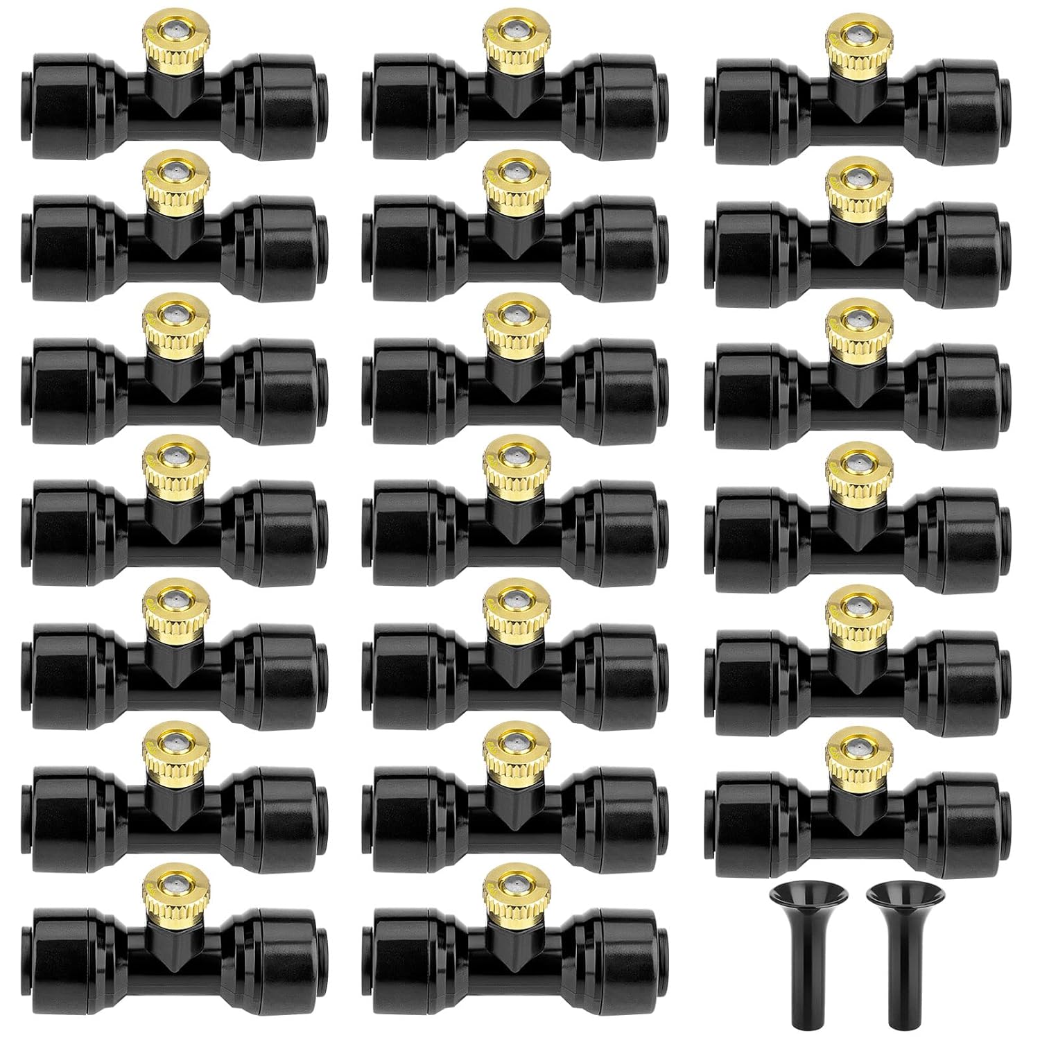 Brass Mister Nozzles 20 Pack With Misting Nozzle Tees & End Plugs | 20 Pack Misting Nozzle Tees, 2 Pack End Plugs, Outdoor Cooling System, Patio Misting System