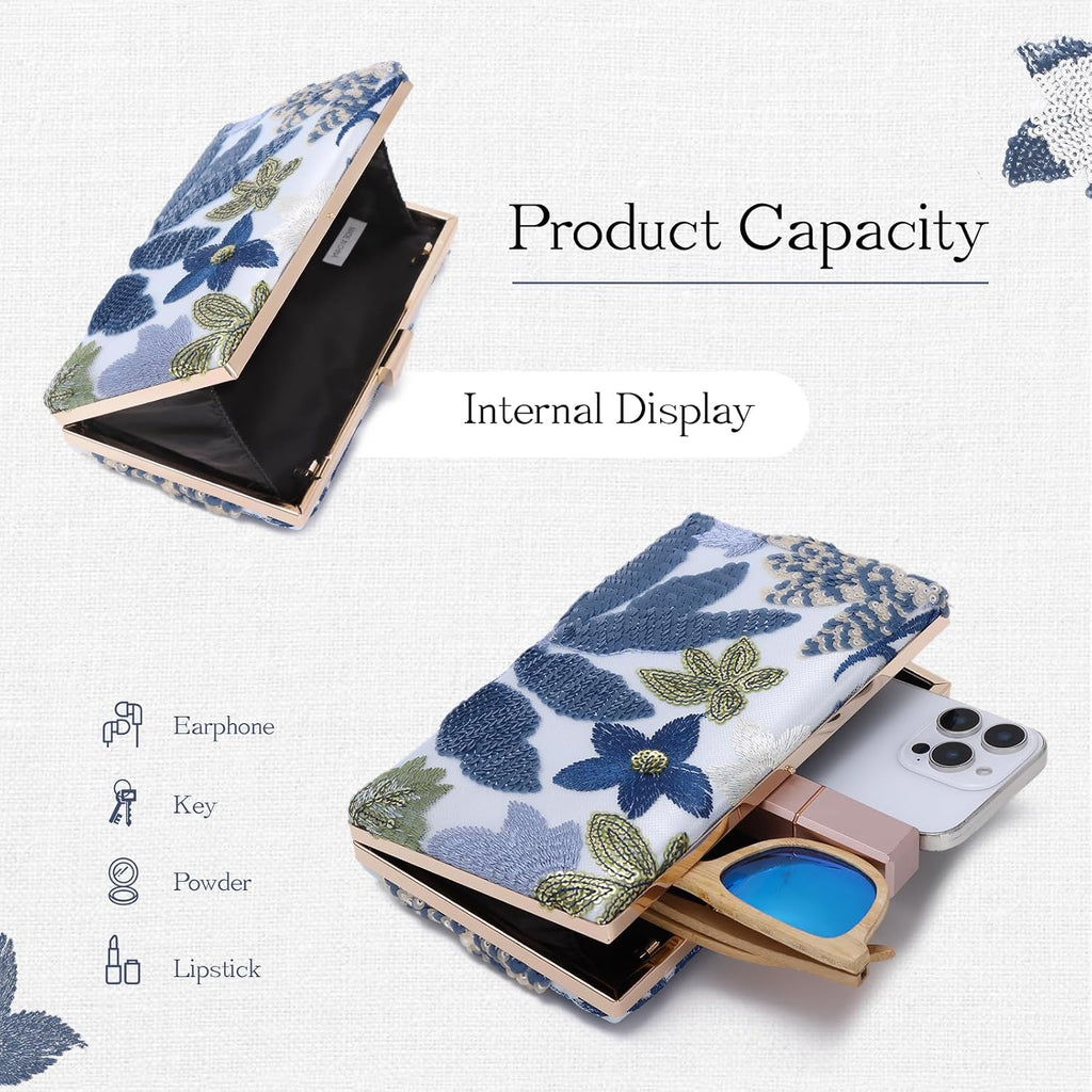 Embroidery Clutch Purses For Women Floral Sequin Evening Bag Formal Designer Handbags With Chain For Wedding, Party
