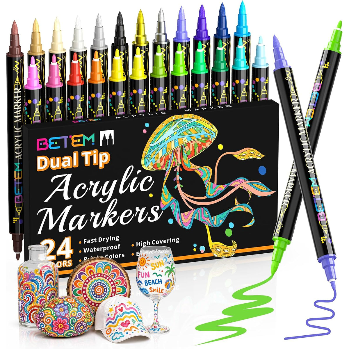 Dual Tip Acrylic Paint Pens, 24 Colors Paint Markers For Glass, Window, Fabric, Wood, Rock, Canvas, Acrylic Markers With Fine & Brush Tip, Art & Craft Supplies, Teacher Appreciation Gift