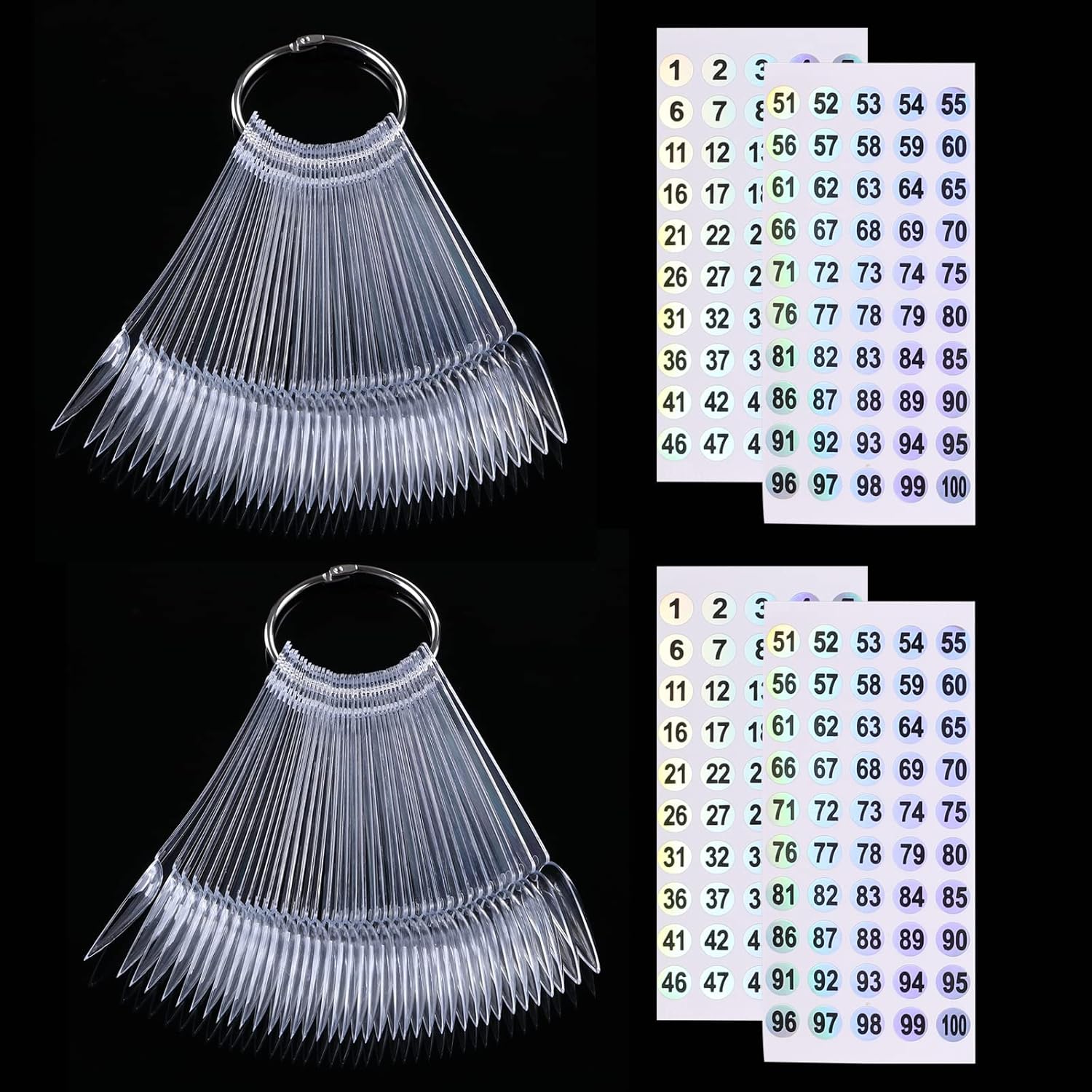 100 ps Nail Swatch Sticks with Number Stickers, Nail Color Display Stiletto Tips, Fan-shaped Nail Polish Practice Sticks, Nail Art Display Sample Color Wheels (Transparent)