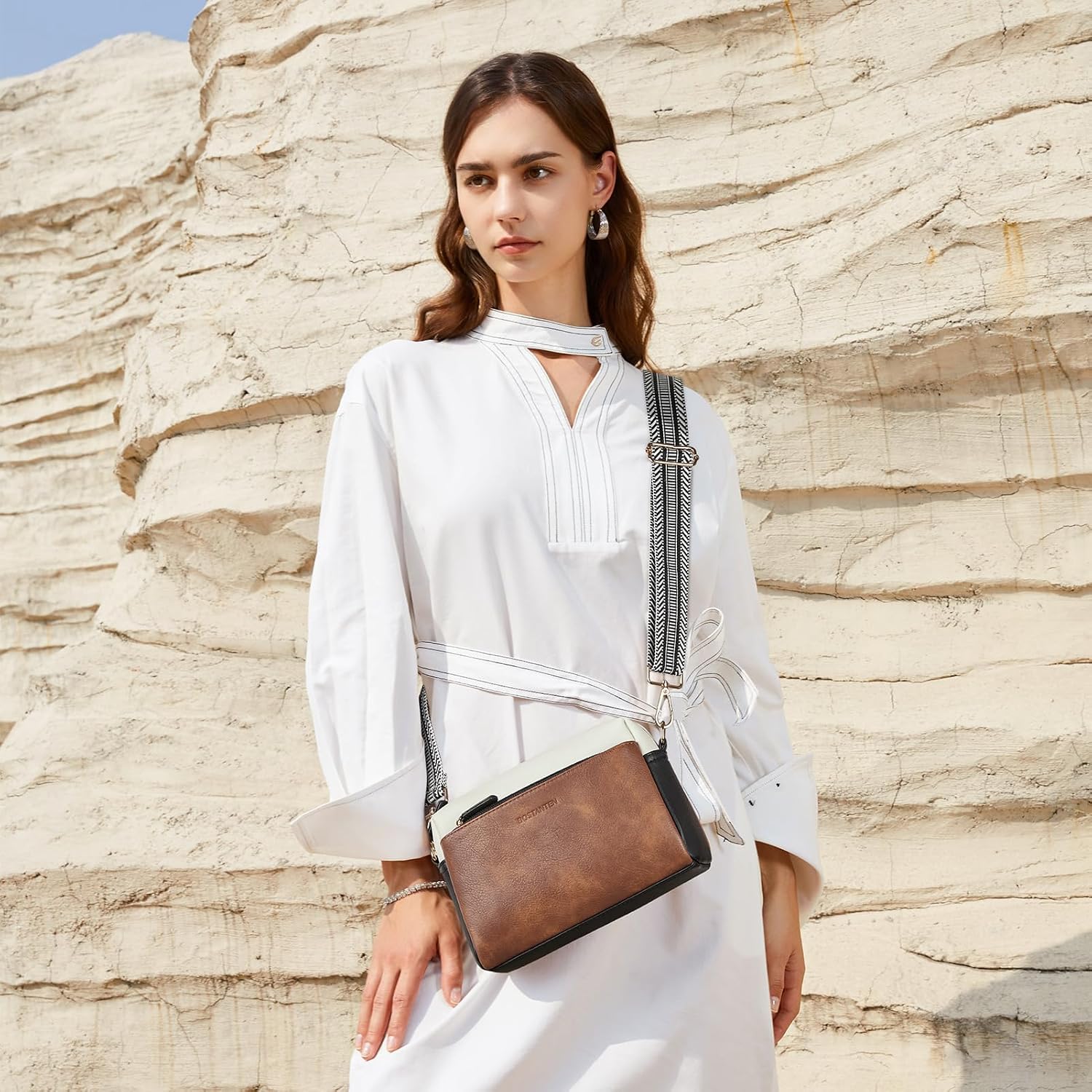 Bostanten Crossbody Purse For Women Triple Zip Cell Phone Leather Handbag With Colored Shoulder Strap