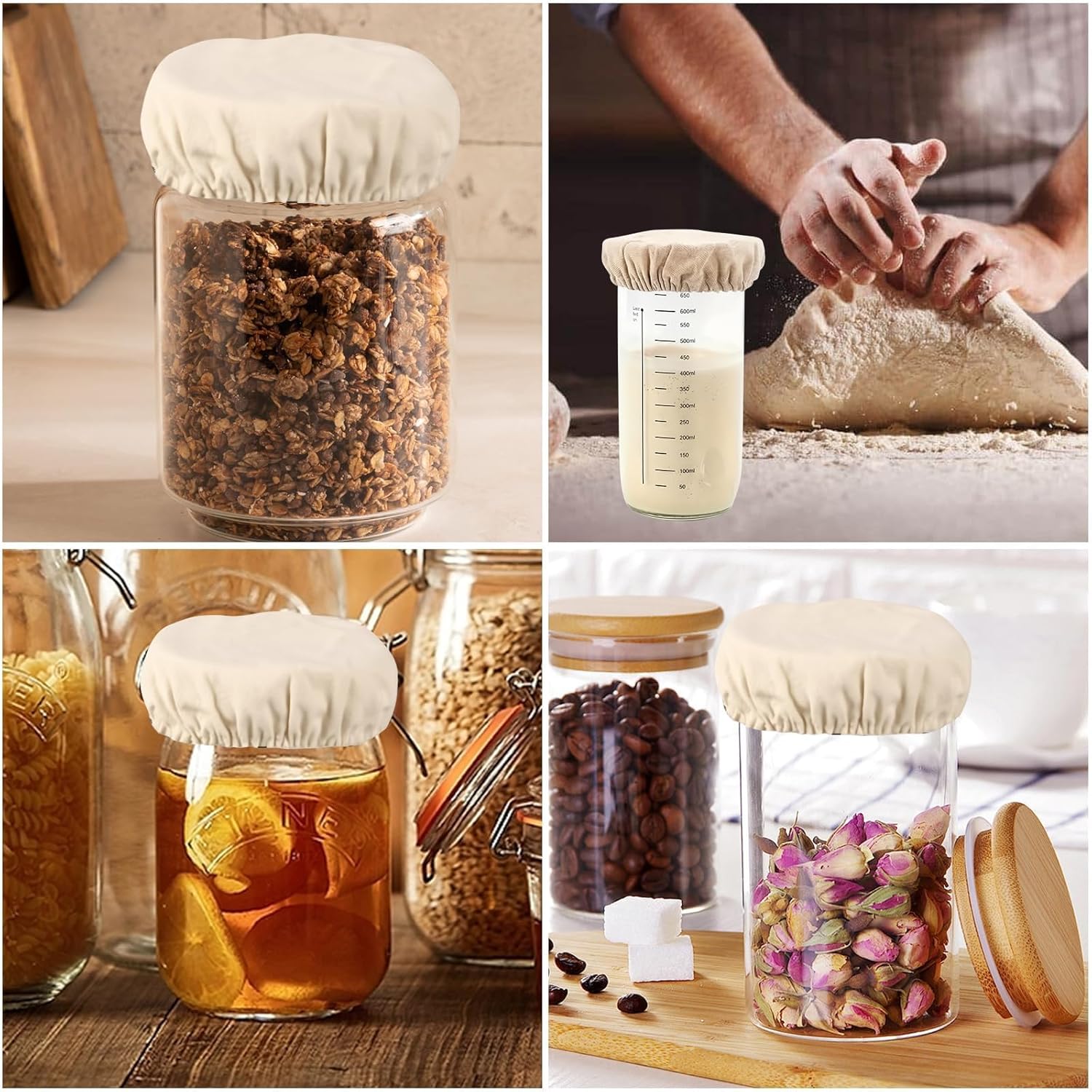 6 Pack Sourdough Starter Jar Covers Cloth - Reusable Linen Covers Cloth for Elastic Sourdough Starter Container, Unbleached Fabric Bread Fermentation Cover for Most 3-4 Inch Glass Mason-Jars