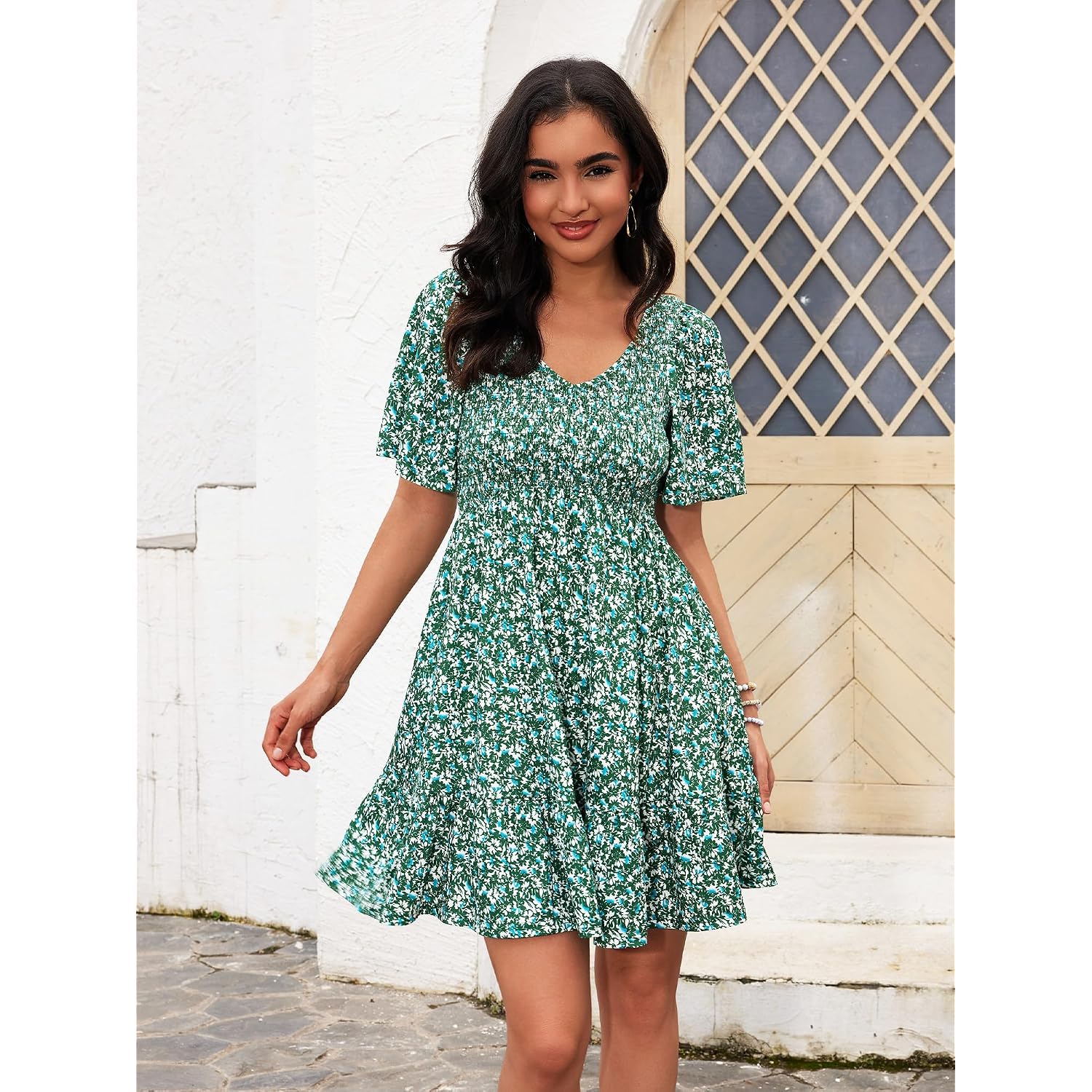 Ueal Womens Cute Floral Smocked V Neck Flutter Sleeve Sundress With Pockets Casual Spring Summer Dresses For Women 2026