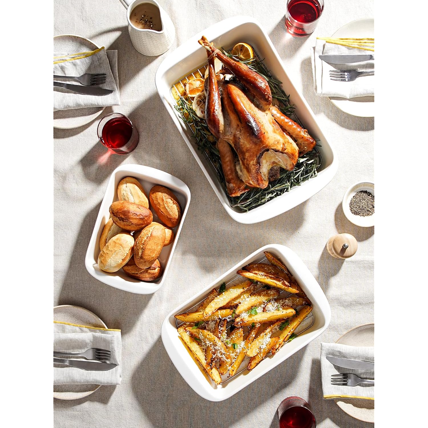 Le Tauci Deep Casserole Dishes For Oven, 13.7”X9.6” Ceramic Baking Dish Set With Roasting Racks, Large Lasagna Pans With Handles, Rectangular Bakeware As Gift For Mom, White (4.6Qt/3.0Qt/1.6Qt), Set Of 3
