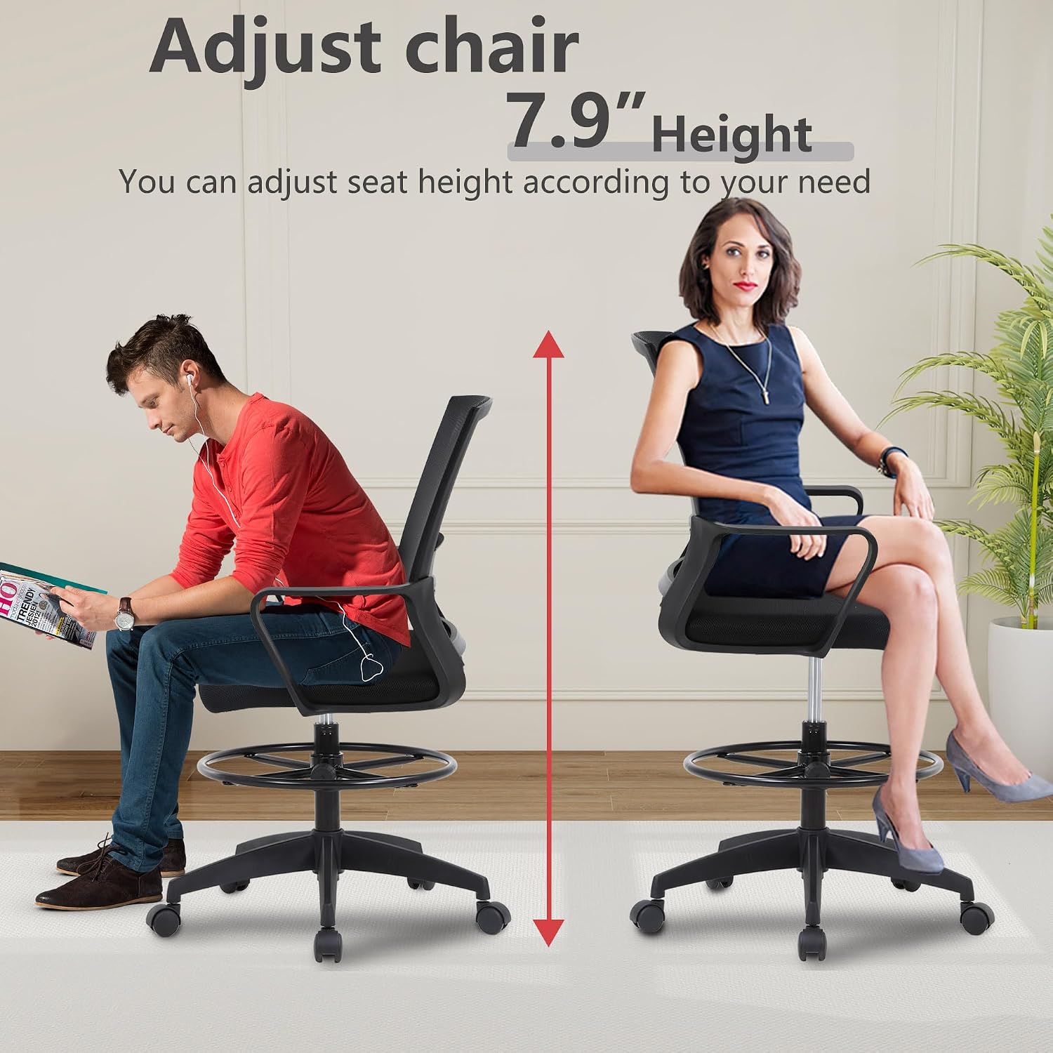 Bestoffice Drafting Chair Tall Office Chair Adjustable Swivel Rolling Mesh Height With Lumbar Support Arms Footrest Mid Back For Adults Standing Desk Drafting Stool(Black)
