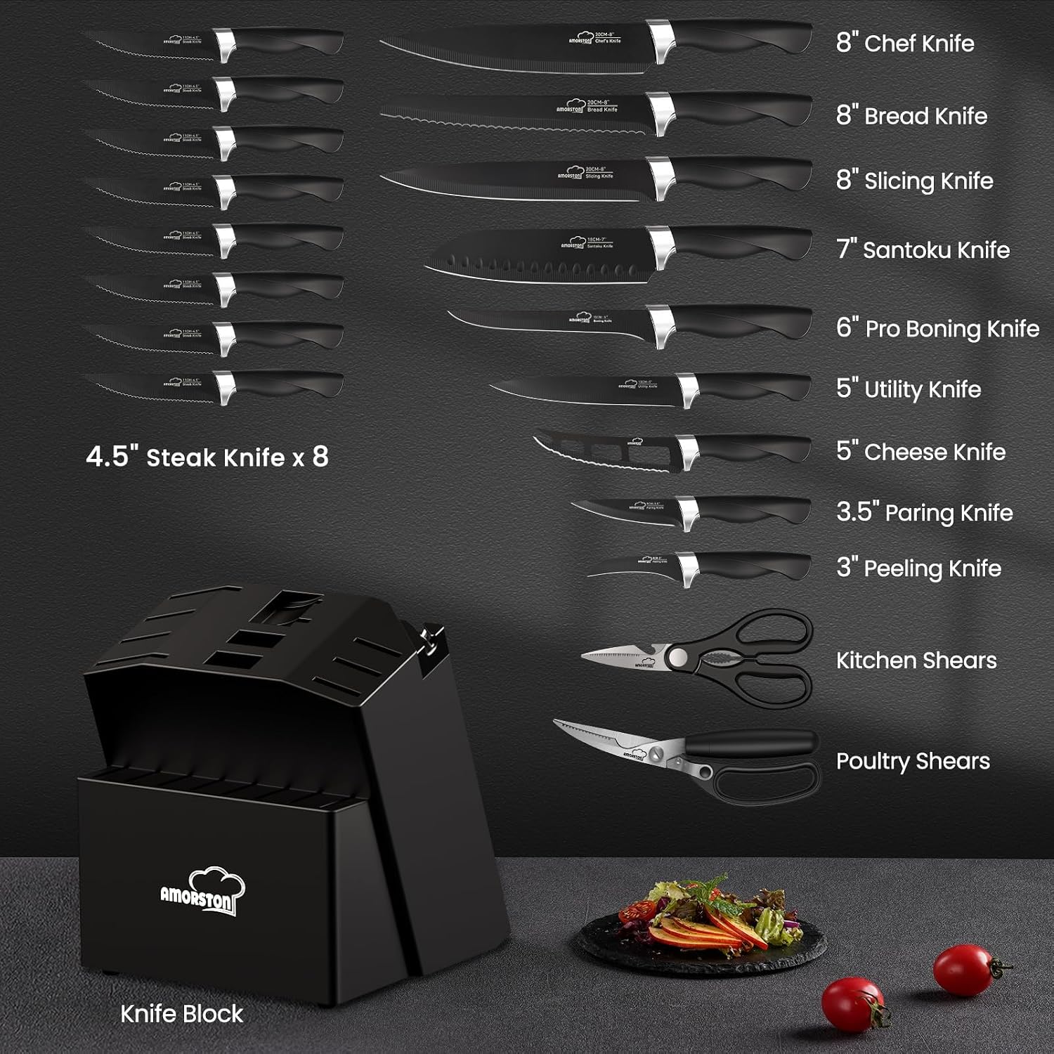 Knife Set, Amorston 21 Pieces Kitchen Knife Set With Block And Sharpener, Ultra-Sharp Knives Set With Ergonomic Handles, Black German Stainless Steel Knife Block Set, Dishwasher Safe