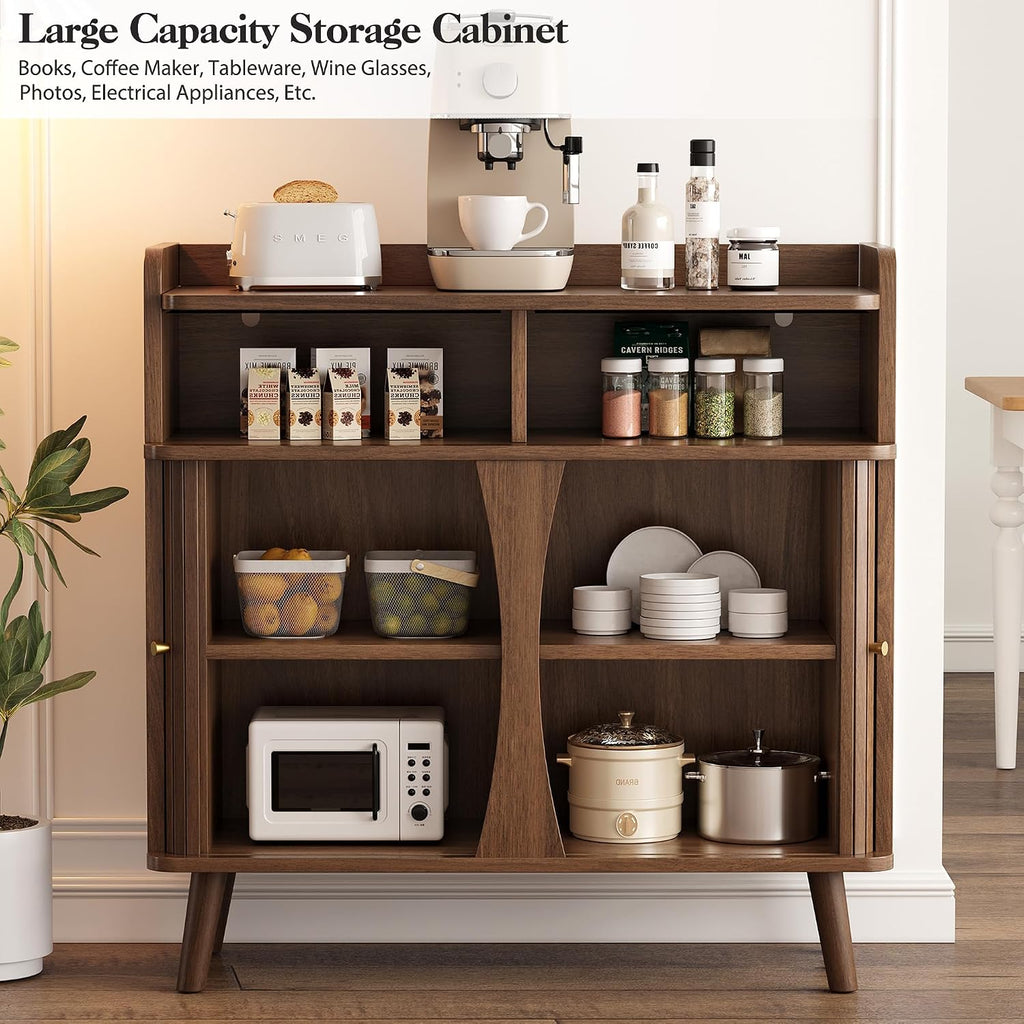 Decofy 39" Buffet Sideboard Cabinet, Mid Century Modern Console Cabinet With Roller Shutter Sliding Doors & Adjustable Shelves For Kitchen Cabinets, Living Room, Entryway, Coffee Bar Cabinet (Walnut)
