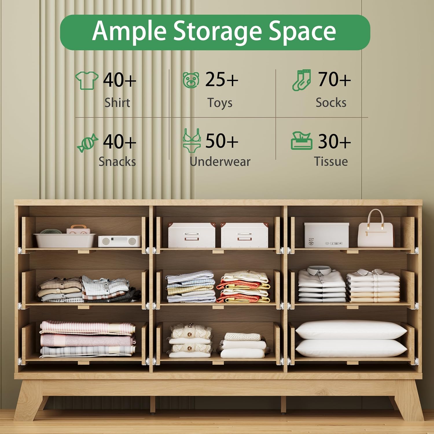 Fluted Dresser For Bedroom With 9 Drawers, 57" Wide Modern Chest Of Drawers With Metal Handle, Wooden Dresser Tv Stand, Wood Closet Clothes Storage Organizer For Living Room, Hallway, Natural Oak