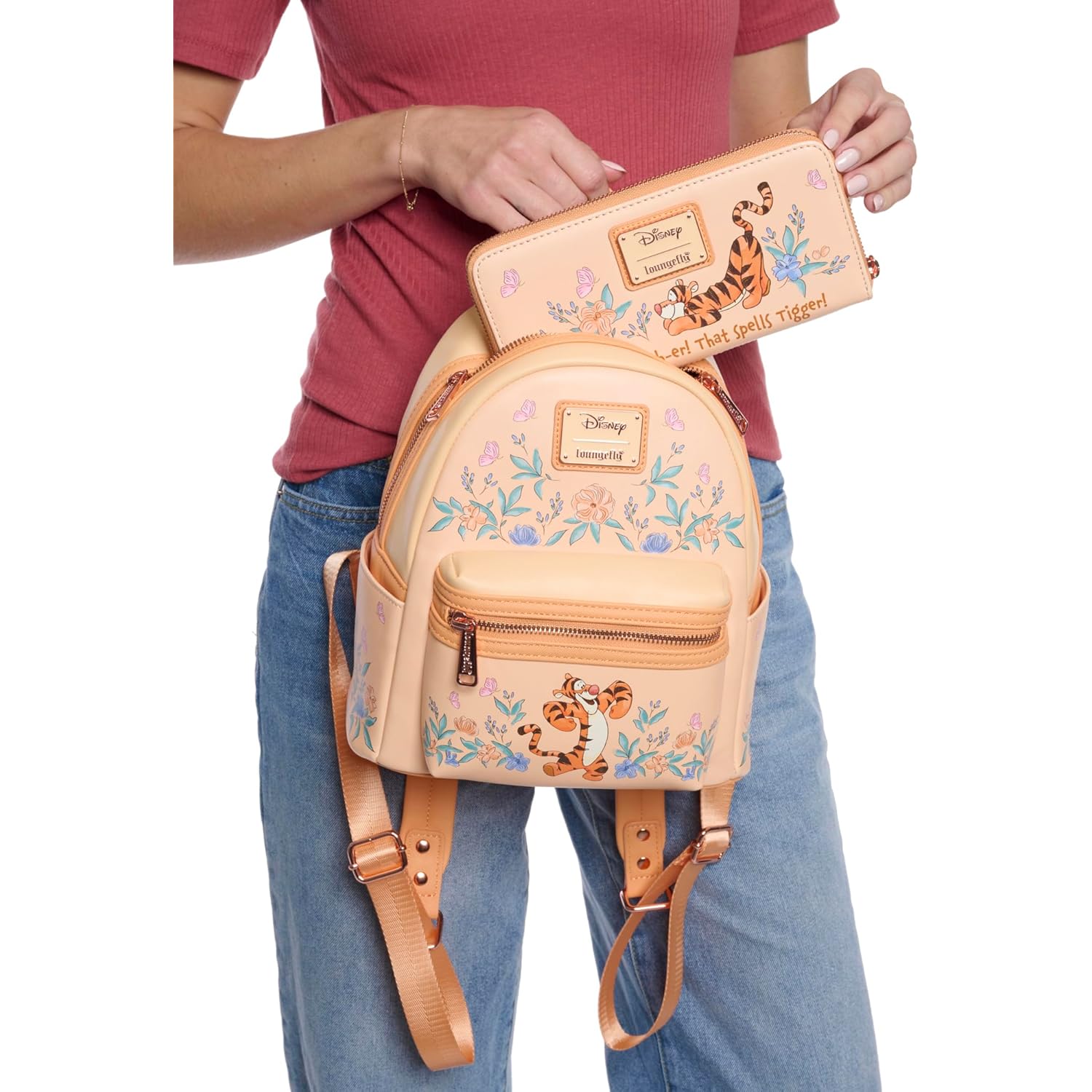 Loungefly Tigger Mini Backpack Handbag Floral Print Double Strap Shoulder Bag (Peach, Tigger)