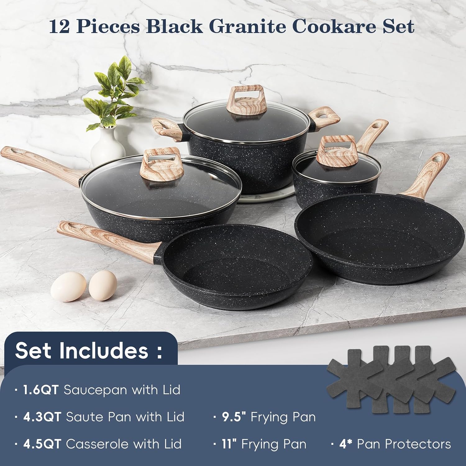 Soday Pots And Pans Set Non Stick, 12Pcs Black Granite Induction Cookware | Pfas/Pfoa/Pfos Free, Healthy Nonstick Kitchen Cookware Sets, Includes Fry Pans & Saucepans.