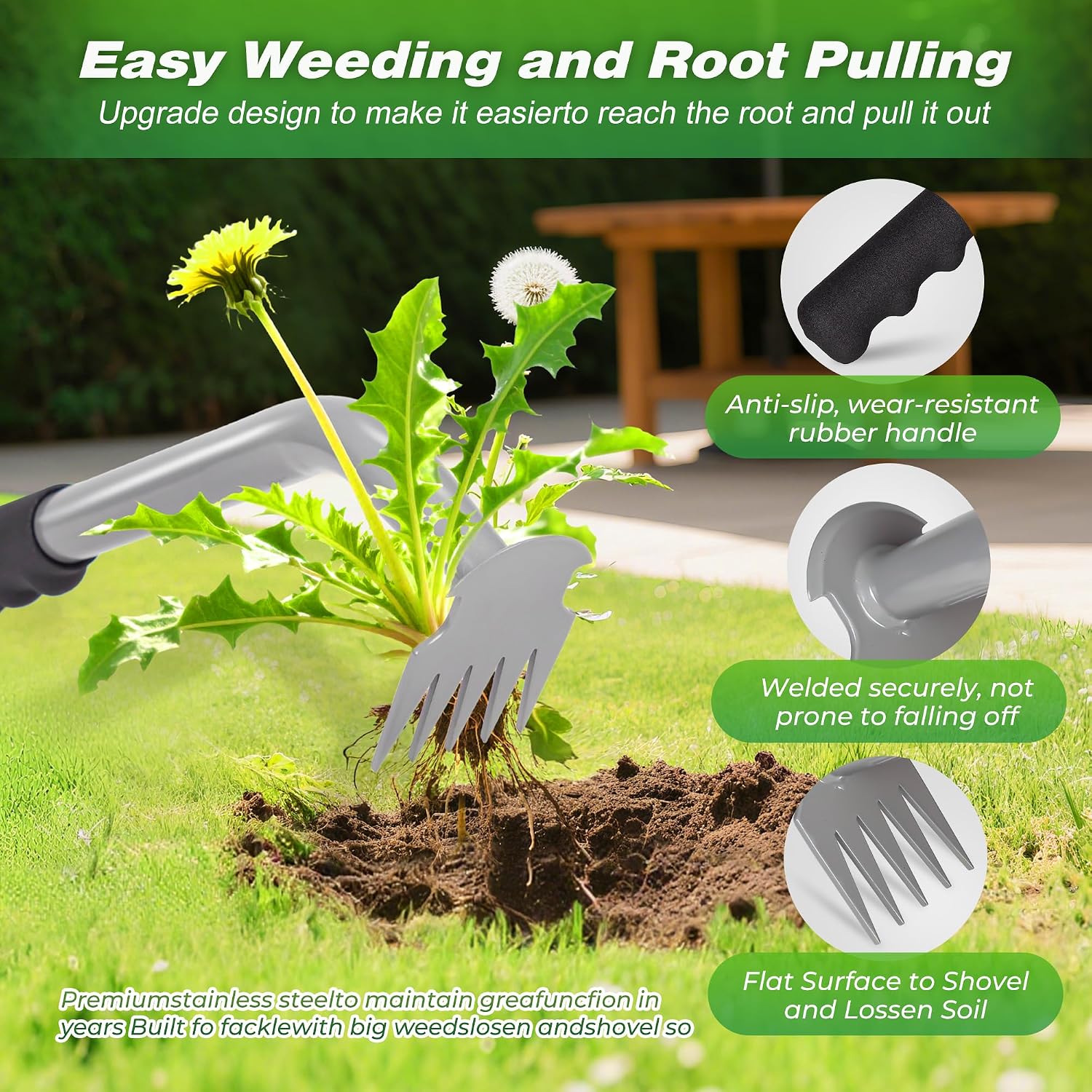 Walensee Weed Puller Tool - Durable Weeding Tool For Dandelions & Crabgrass | Manganese Steel 5-Tine Head, Ergonomic Rubber Grip, Efficient Uprooting, Ideal For Vegetable Gardens & Backyards