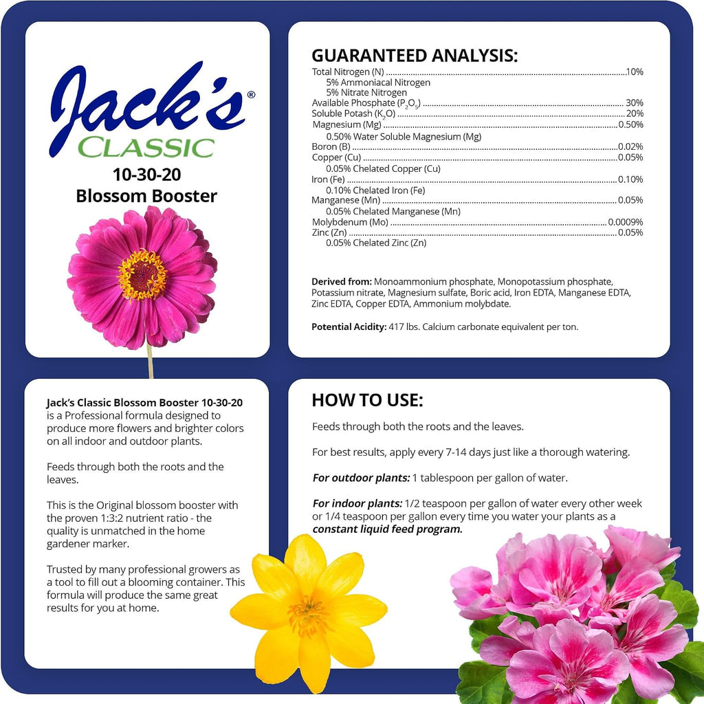 Jack'S Classic 10-30-20 Blossom Booster Water-Soluble Fertilizer With Micronutrients For Increasing Color And Quantity Of Blooms In Flowering Plants, 1.5Lbs