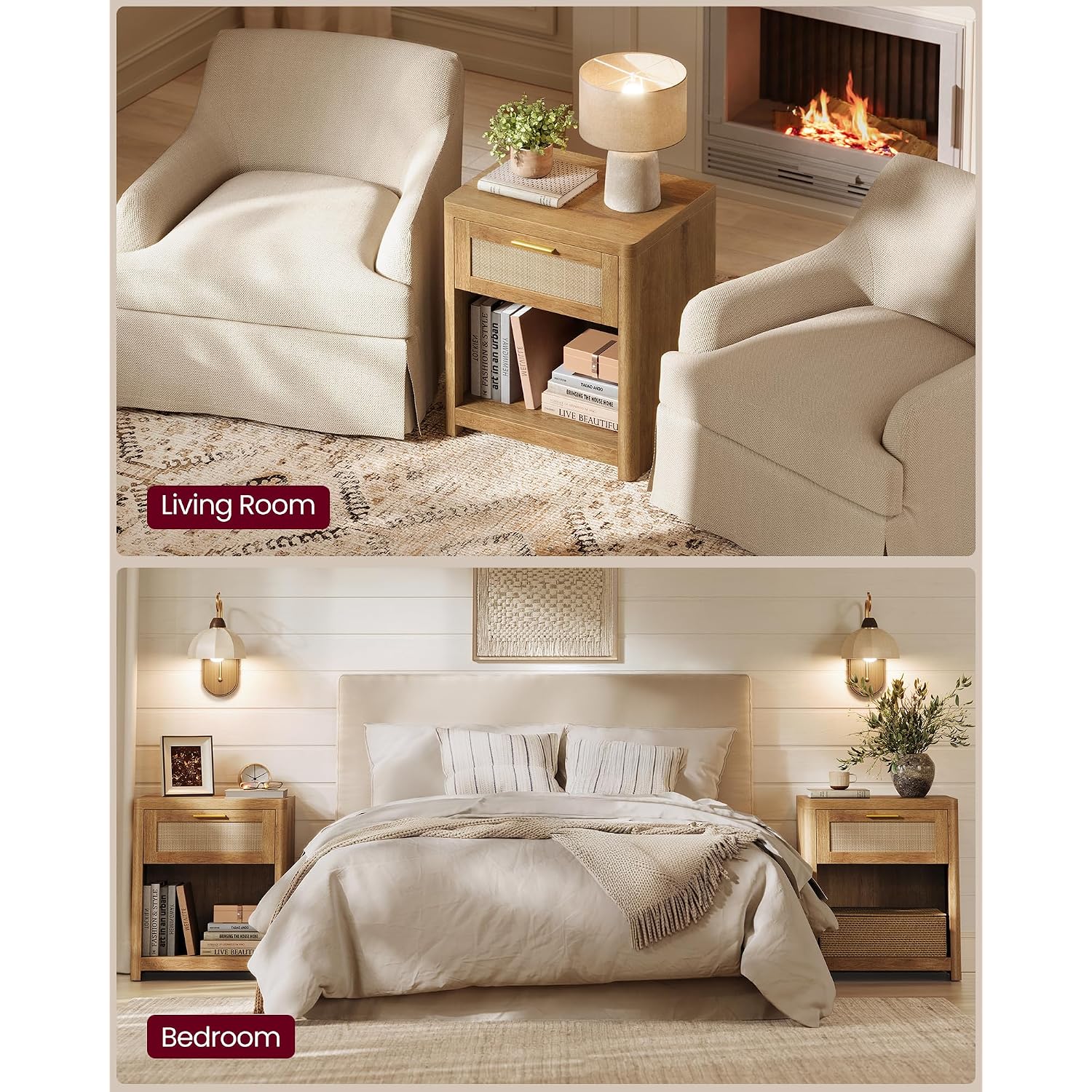 Vasagle Ellan Collection - Boho Nightstands With Rattan-Look Drawer, Set Of 2 Accent Side End Tables With Open Compartment, Rounded Corners, For Bedroom Bedside, Natural Brown Ulet818Kc01