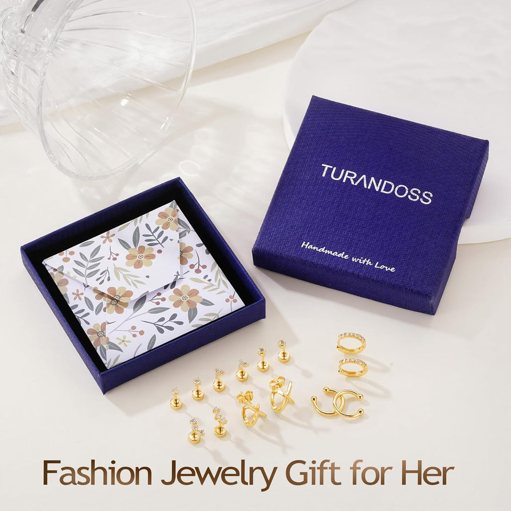 Turandoss 7 Pairs Gold Earrings for Women - Hypoallergenic 14K Gold Plated Stud & Hoop Cartilage Earring Sets Lightweight Helix Lobe Tragus Conch Earrings for Women