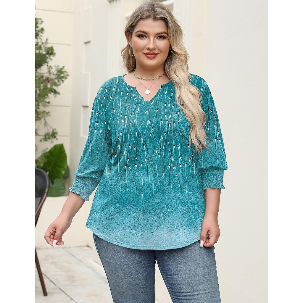 Rapbin Womens Plus Size Tops 3/4 Sleeve Blouses Shirts Casual V Neck Loose Tunic Tops 1X-5X