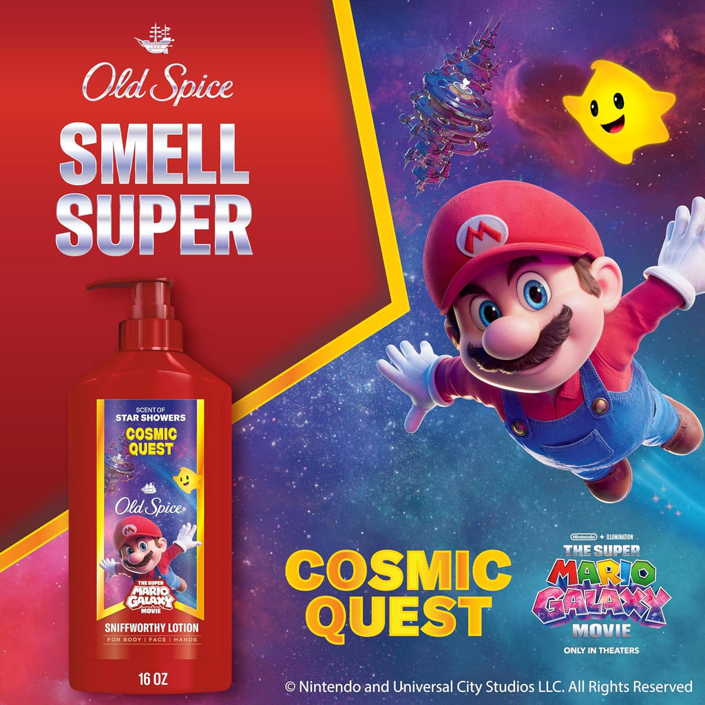 Old Spice Hand And Body Lotion For All Skin Types, X The Super Mario Galaxy Movie, 24/7 Lightweight Moisturization, Smell Super With Cosmic Quest, Scent Of Star Showers, 16Oz