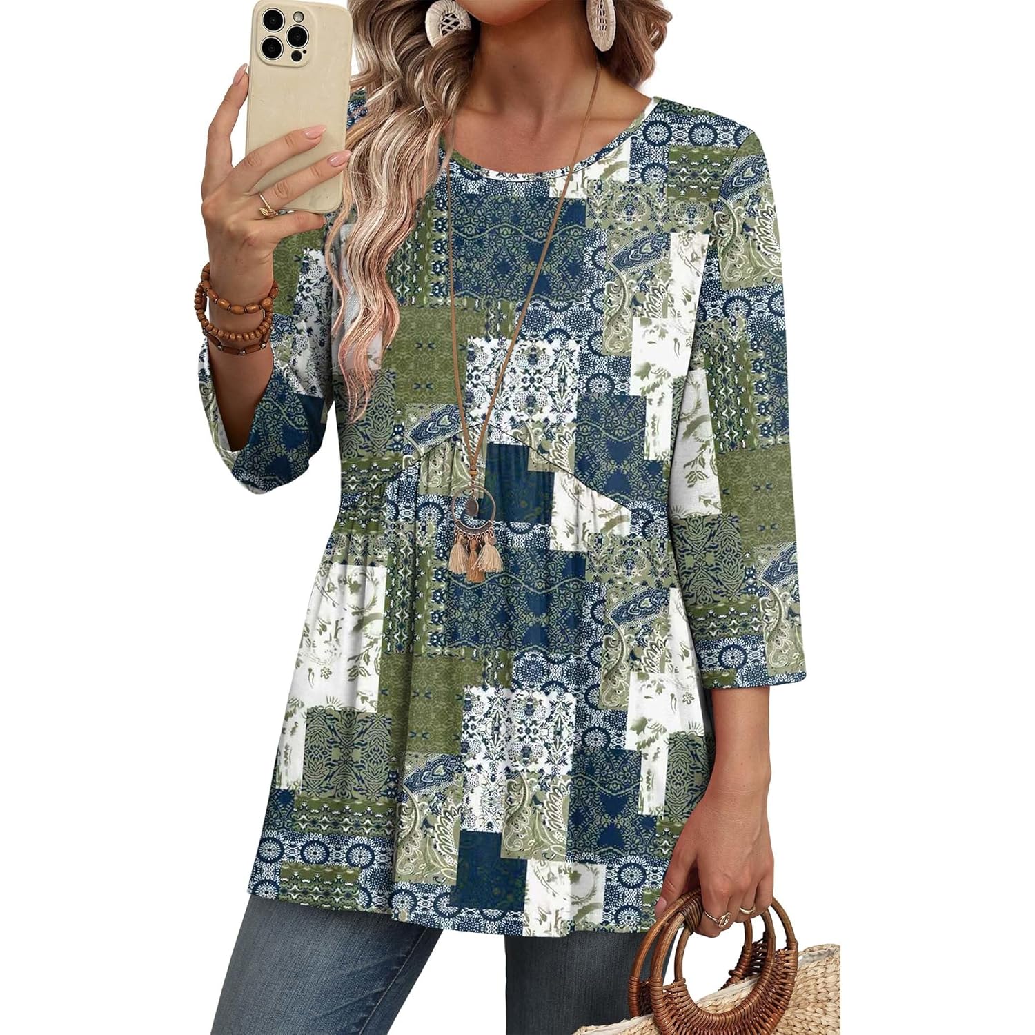 3/4 Length Sleeve Womens Tops Blouses for Women Dressy Casual Spring Fashion Clothing Crew Neck Babydoll Tops