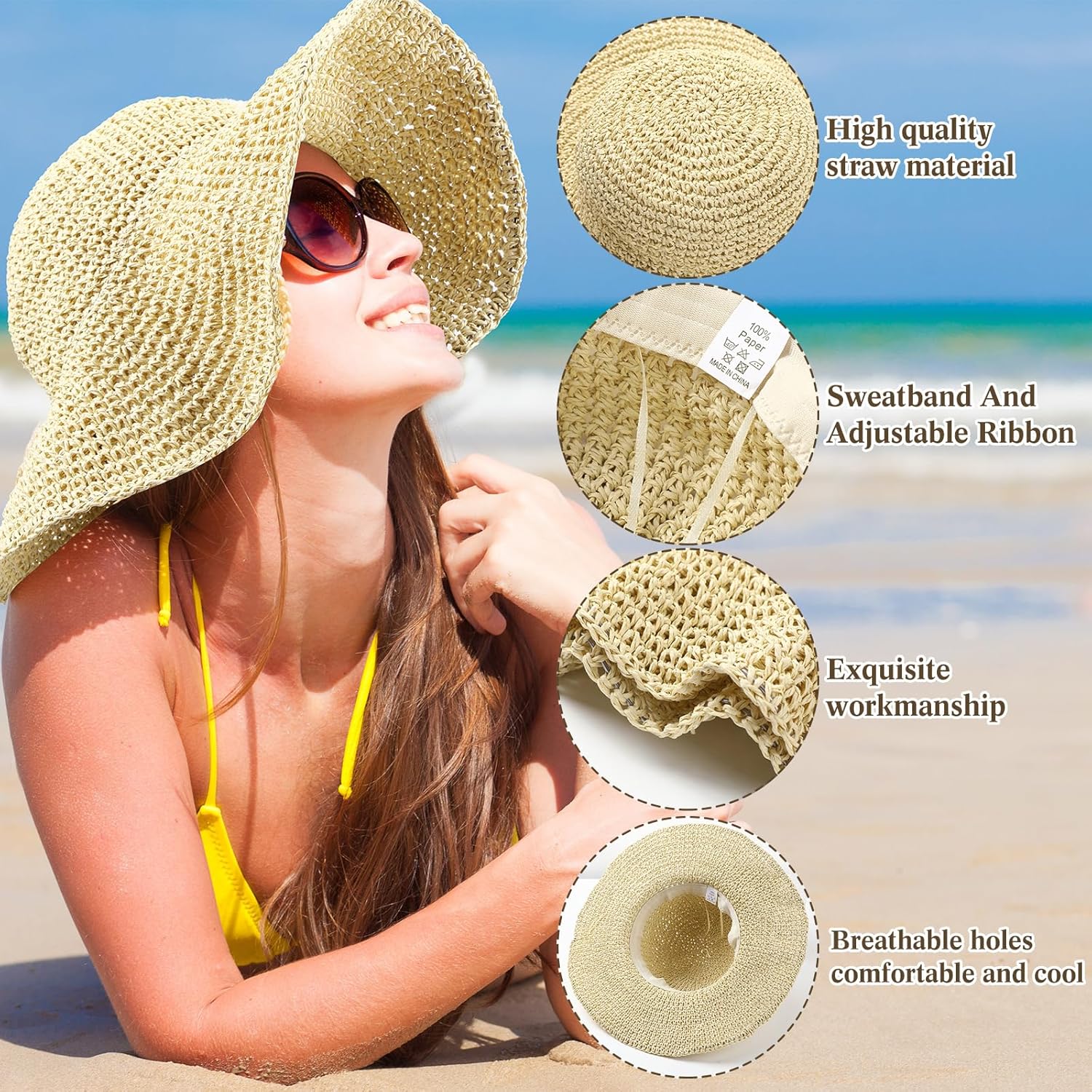 Bonuci 6 Pcs Floppy Paper Straw Sun Hat Foldable Packable Wide Brim Scarecrow Hat Breathable Crochet Bucket Beach Hat