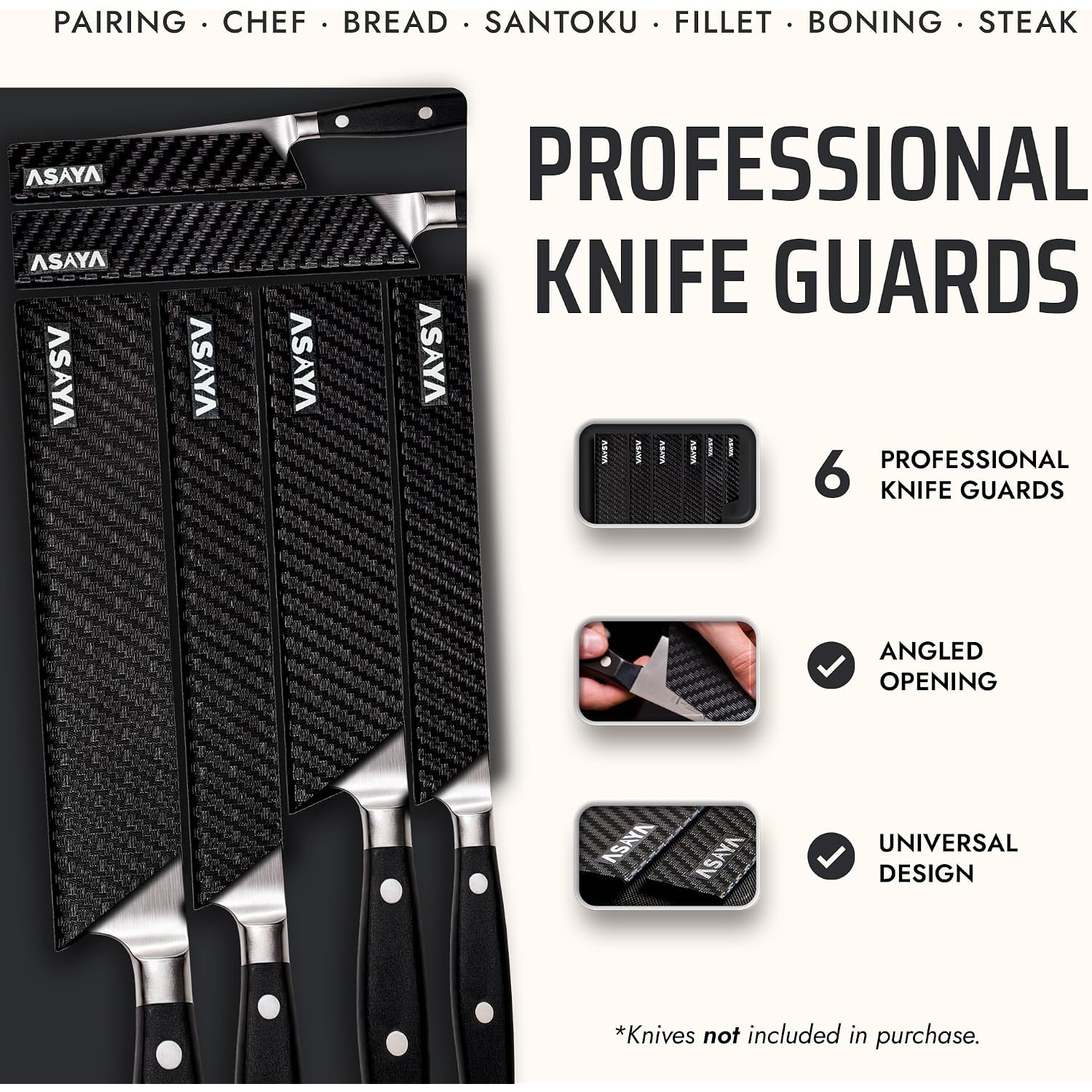 Asaya Professional Chef Knife Edge Guards – 6 Piece Knives Universal Covers - Extra Strength Abs Plastic And Food Safe Kitchen Knife Sheath Covers – Knives Not Included