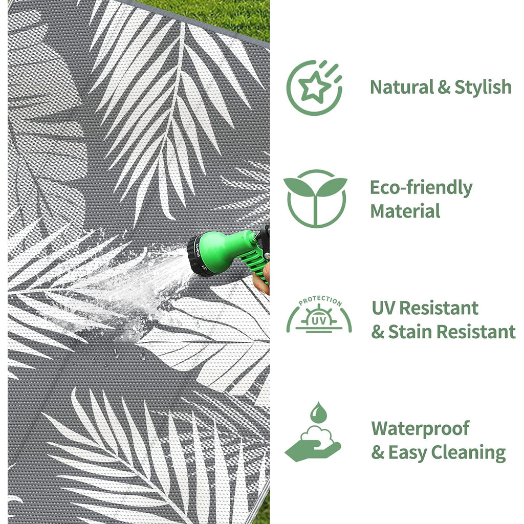 Genimo Outdoor Rug, Waterproof Plastic Rugs For Patio, 5'X8' Grey White | Outside Larger Leaf Carpet Mat For Porch Decor, Deck, Balcony, Camping, Rv, Backyard, Picnic, Beach, Reversible, Foldable