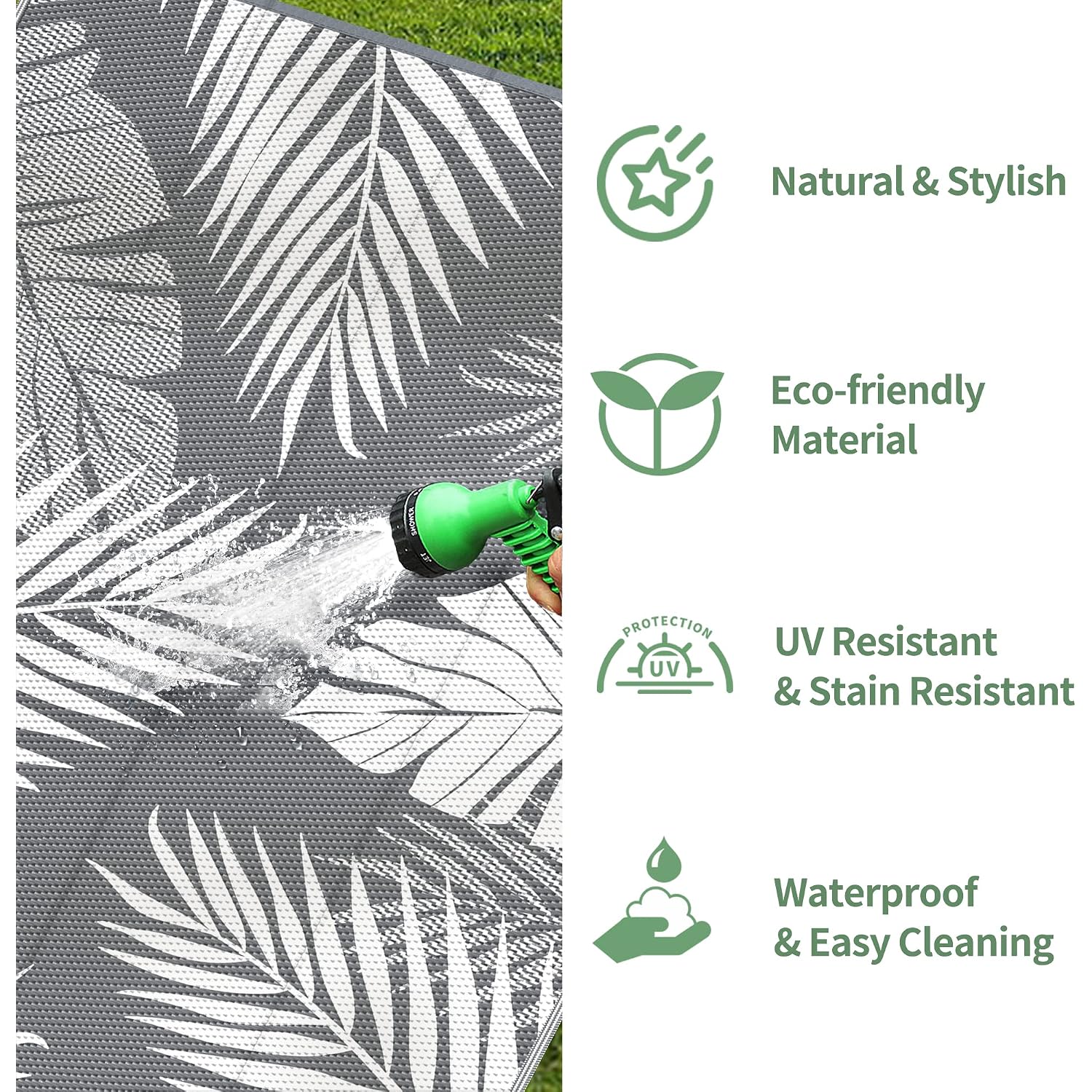 Genimo Outdoor Rug, Waterproof Plastic Rugs For Patio, 5'X8' Grey White | Outside Larger Leaf Carpet Mat For Porch Decor, Deck, Balcony, Camping, Rv, Backyard, Picnic, Beach, Reversible, Foldable