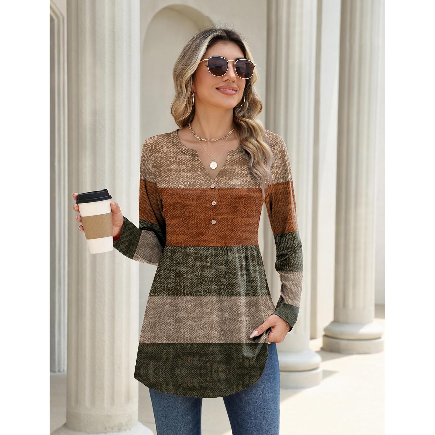 Zeagoo Women Blouses Long Sleeve Shirts Boho Henley V Neck Tops Business Casual Loose Pleated Fashion Clothing